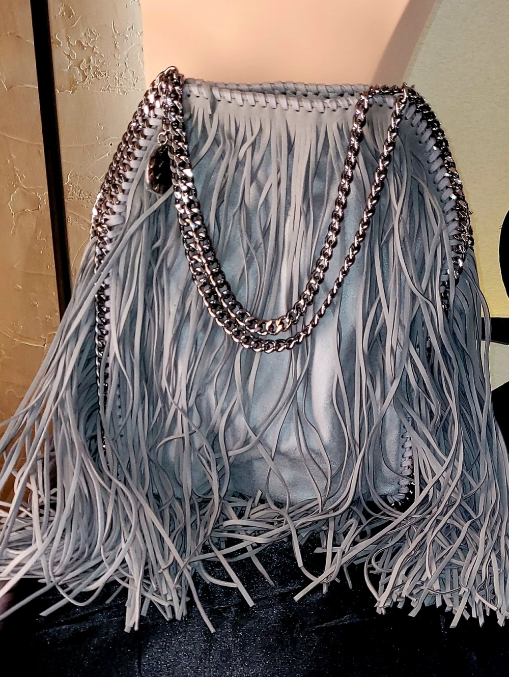Bohemian Western Long Fringed Slate Grey Gunmetal Solid Link Chain Handbag